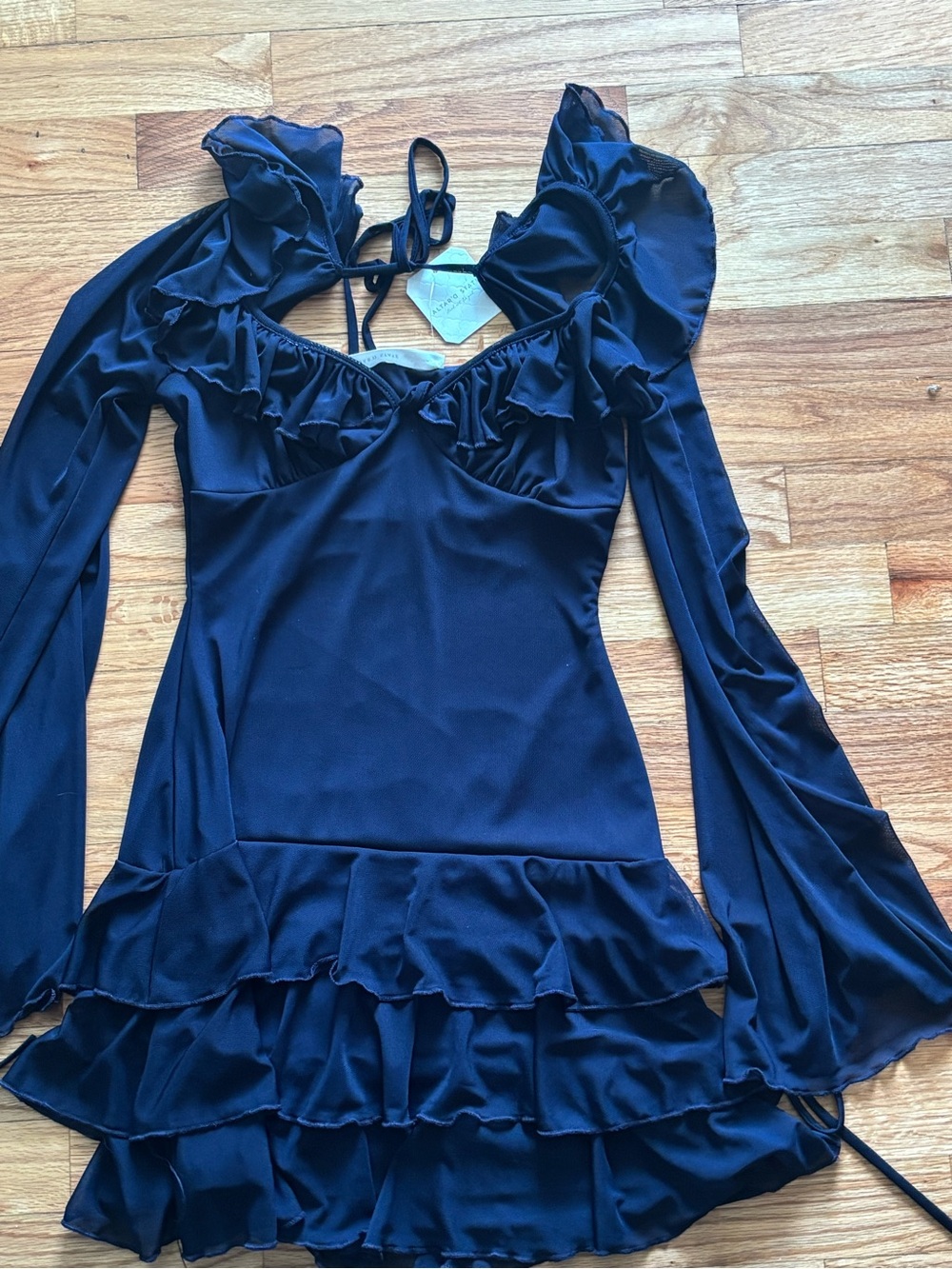 Altar'd State Navy Ruffle-Tiered Long Sleeve Mini Dress
